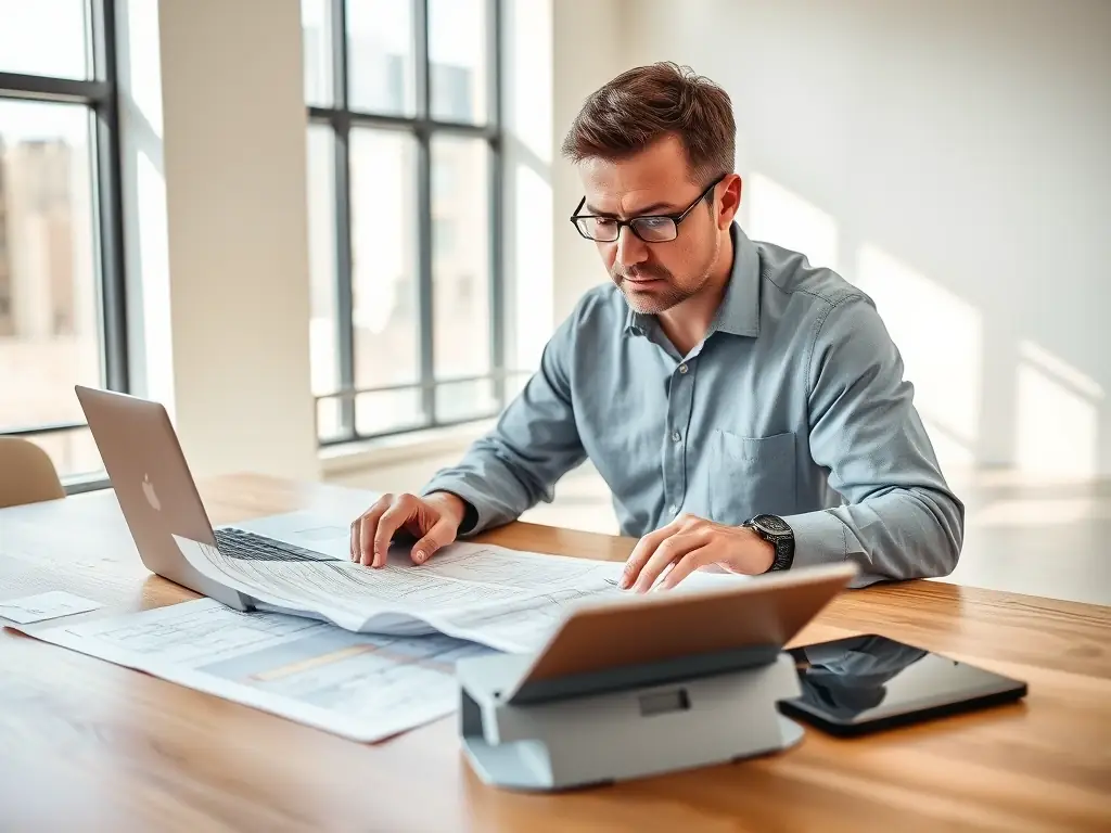A professional real estate investor examining blueprints of a potential land acquisition site, showcasing due diligence and strategic planning.